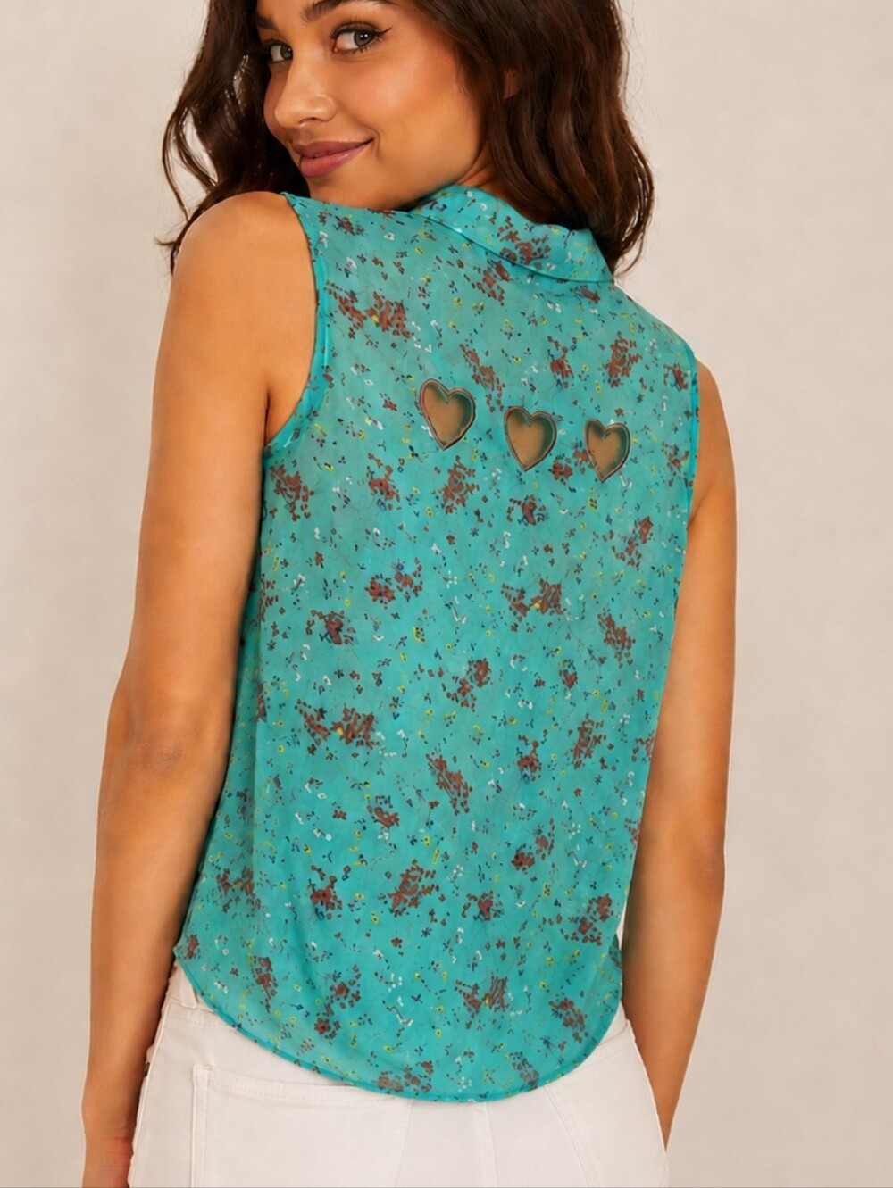 ❤️ Heart Cutouts Turquoise Floral Sheer Sleeveless Tie Top Blouse Sz Large Love